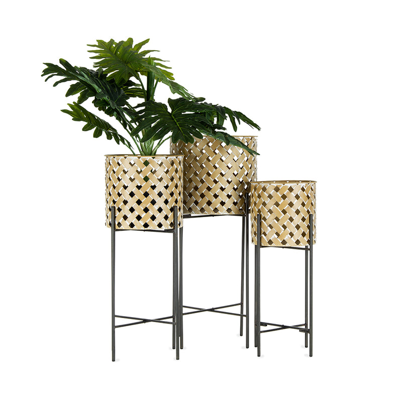 Set of 3 Nested Metal-Weave ‘Cane’ Stilted Planters