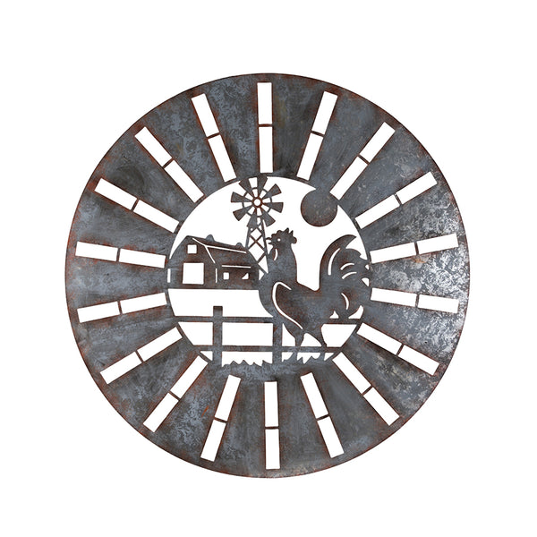 Galvanised With Rust Rooster Round Laser-Cut Wall Art 100 × 0.7CM