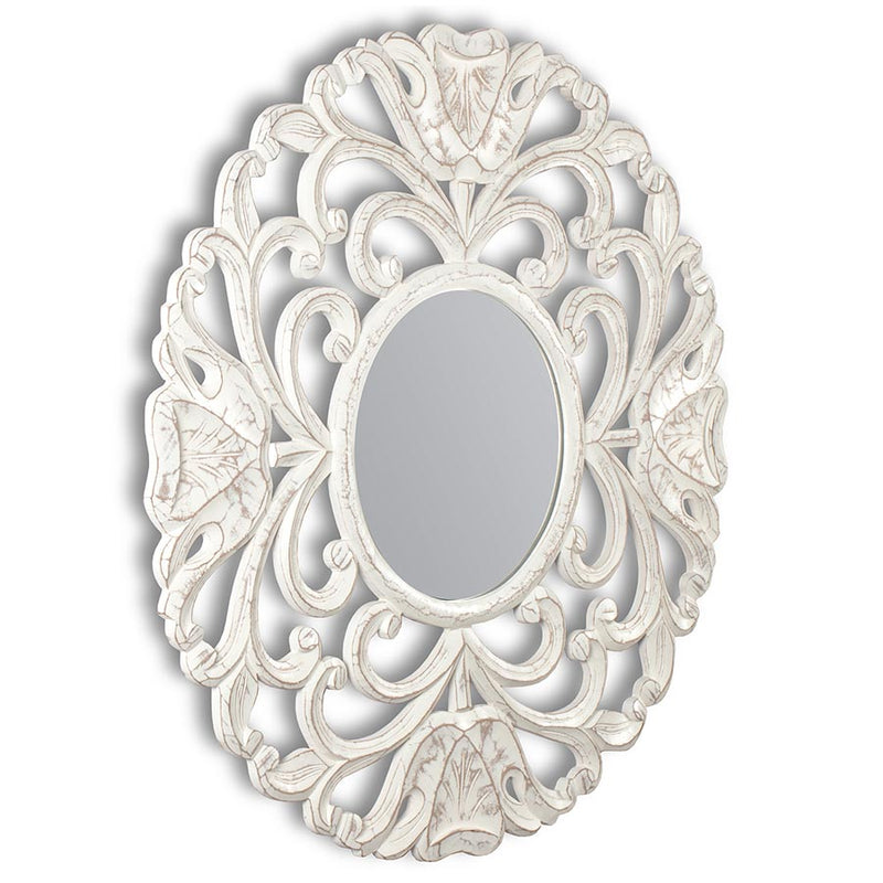 High St – XL MDF - Wood Carved Circolo Wall Mirror - Distressed White 75 × 1.5CM