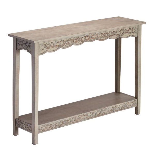Grey-washed Wood-Carved Console Table w/Shelf