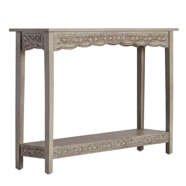 Grey-washed Wood-Carved Console Table w/Shelf