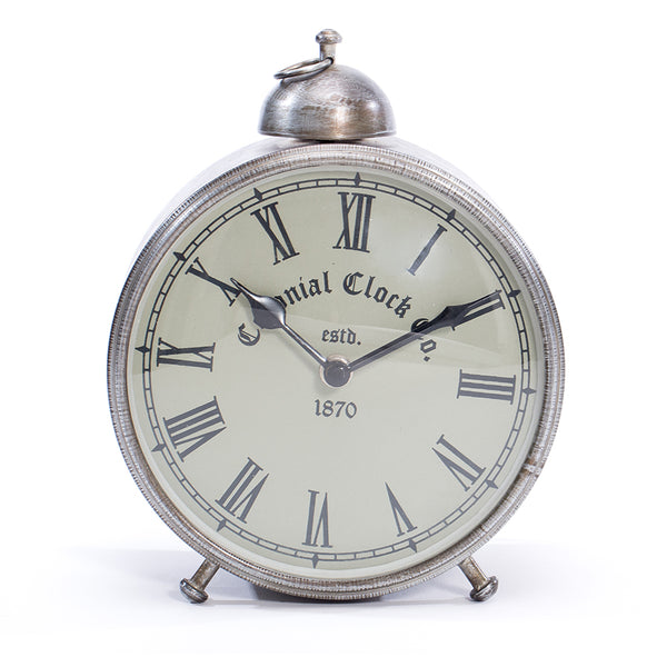 Round Antique Silver Colonial Table Clock With Faux Alarm 16 X 8 X 21CM
