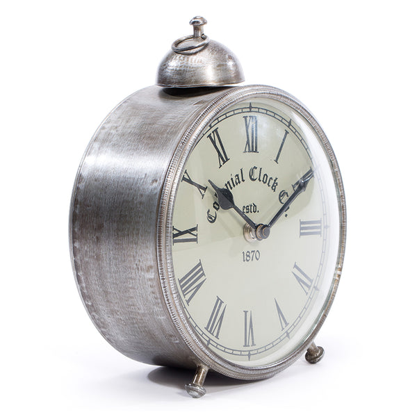 Round Antique Silver Colonial Table Clock With Faux Alarm 16 X 8 X 21CM