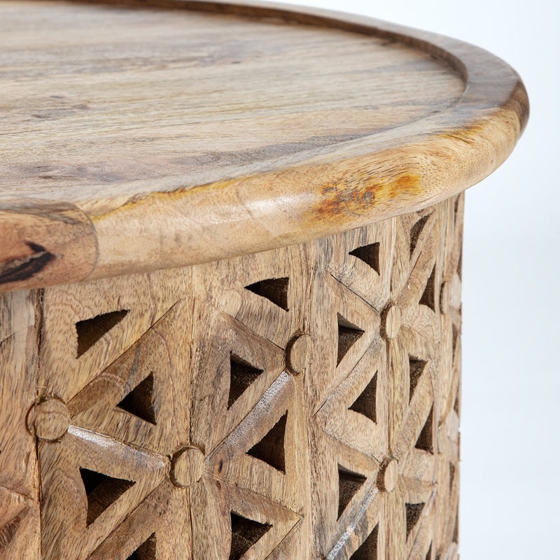 Zara Natural Mango wood Carved Coffee Table 75 x 75 x 40cm
