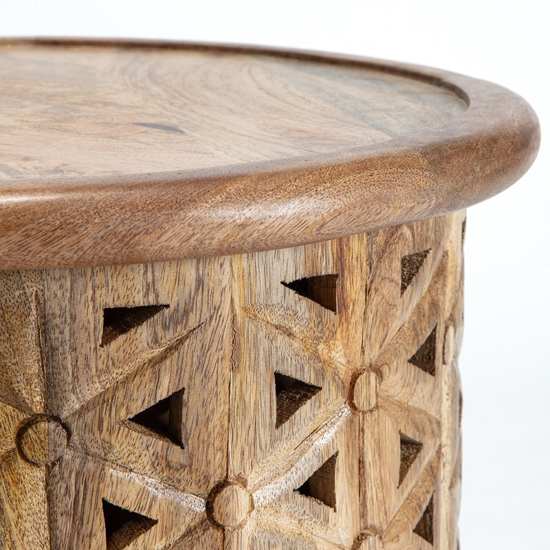 Zara Natural Mango wood Carved Side Table 43 x43 x 46cm
