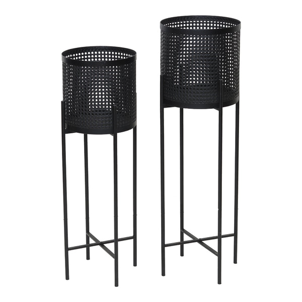 Set Of 2 Nested Black Weave-Look Stilted Planters 27 X 90 / 25 X 80CM