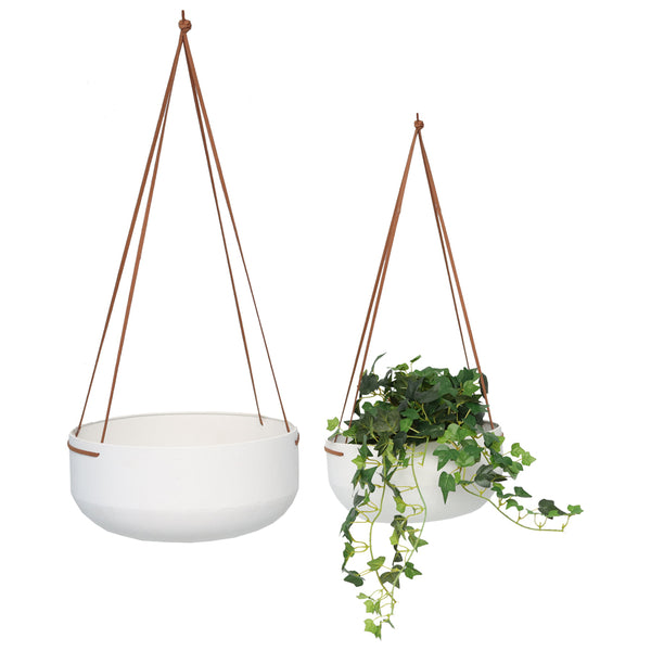 Set Of 2 Nested Contemporary White Hanging With Tan Strap Planters 28 X 13 - 50 / 25 X 12 - 45CM