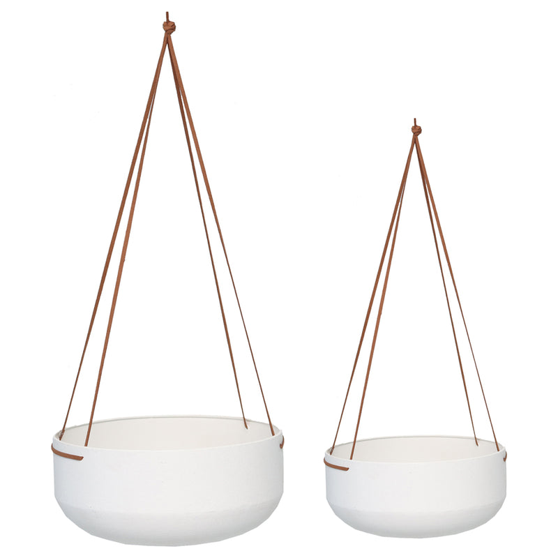 Set Of 2 Nested Contemporary White Hanging With Tan Strap Planters 28 X 13 - 50 / 25 X 12 - 45CM
