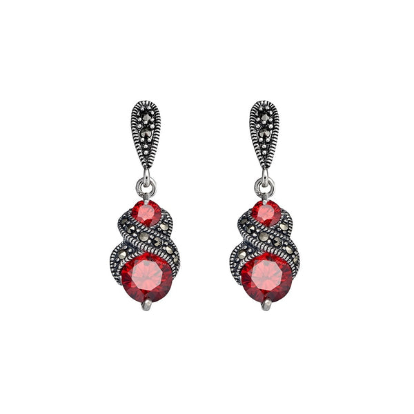 Sterling silver, marcasite and garnet drop earring 31 x 10MM