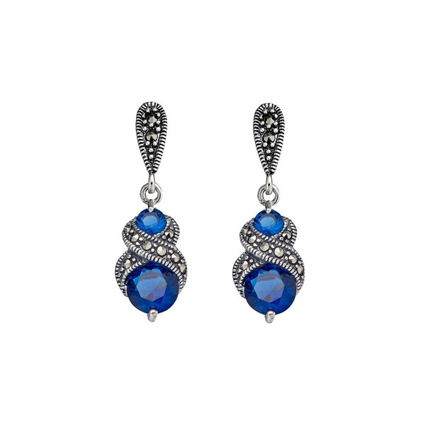 Sterling silver, marcasite and sapphire drop earring 31 x 10MM