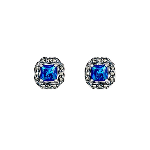 Sterling silver sapphire earring with marcasite surround 13mm