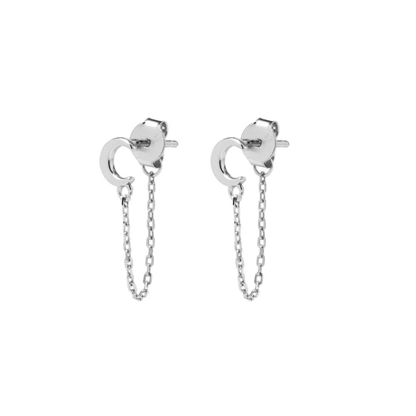 Sterling silver moon stud earring with chain attachment 18mm drop
