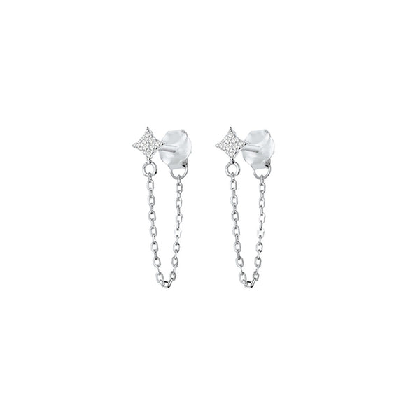 Sterling silver diamond shape stud earring with CZ detail and chain attachment