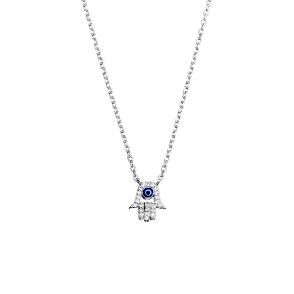 Sterling Silver CZ hand and eye necklace **Rhodium plated