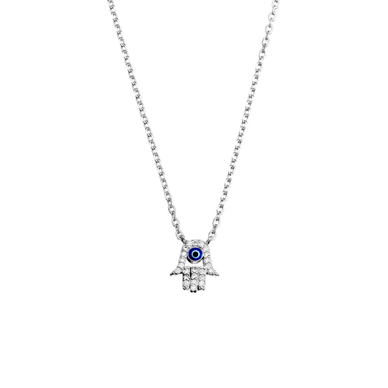 Sterling Silver CZ hand and eye necklace **Rhodium plated
