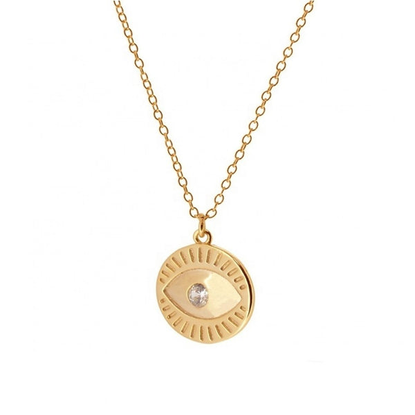 Sterling Silver 14K Gold Plated necklace featuring CZ Eye Coin Pendant