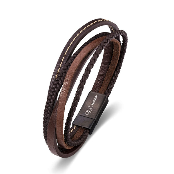 Steel leather bracelet with gun metal magnetic buckle
