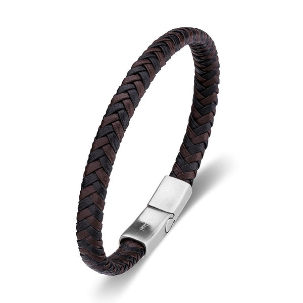 Stainless steel men's brown and black leather braid bracelet