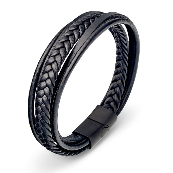 Stainless steel men's black leather bangle including braided strap