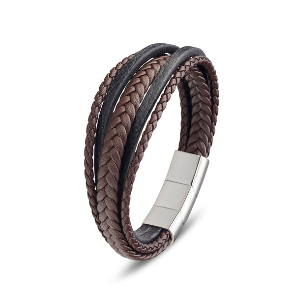 Stainless steel men's black and brown multi strand leather bangle with polished steel clasp. WITH EXTENSION LINK