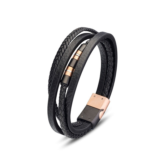 Stainless steel men's black leather multi strand bangle with featured rose beads. WITH EXTENSION LINK
