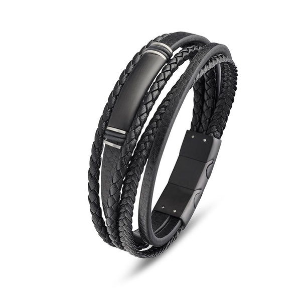 Stainless steel men's black leather multi strand bangle with featured black beads. WITH EXTENSION LINK