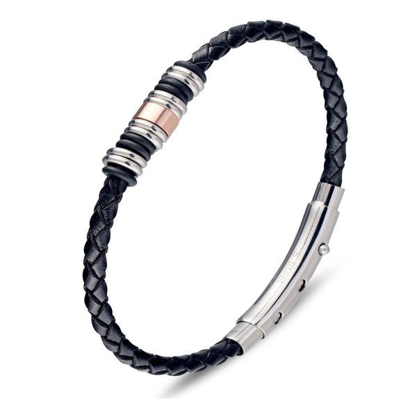 Stainless steel men's black leather bracelet with bead detail