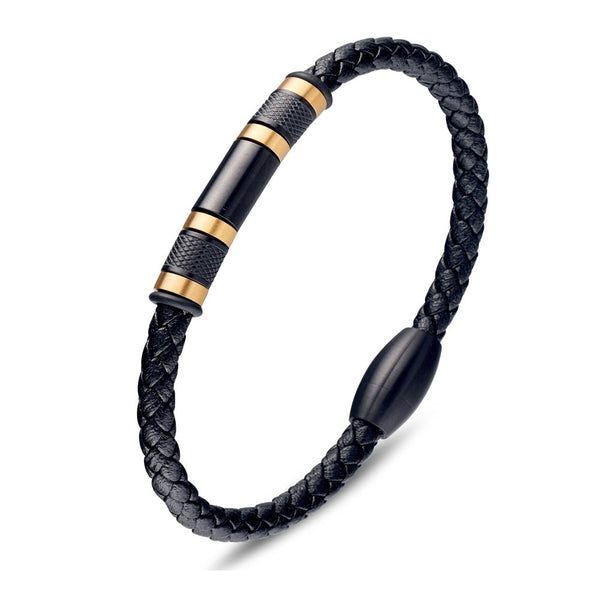 Stainless steel men's black plaid leather bangle with bead and gold detail.