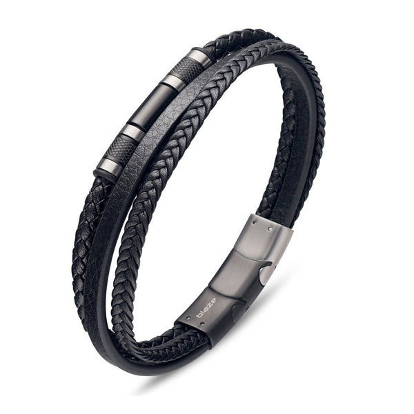 Stainless steel men's black leather multi strand bangle with bead and steel detail.