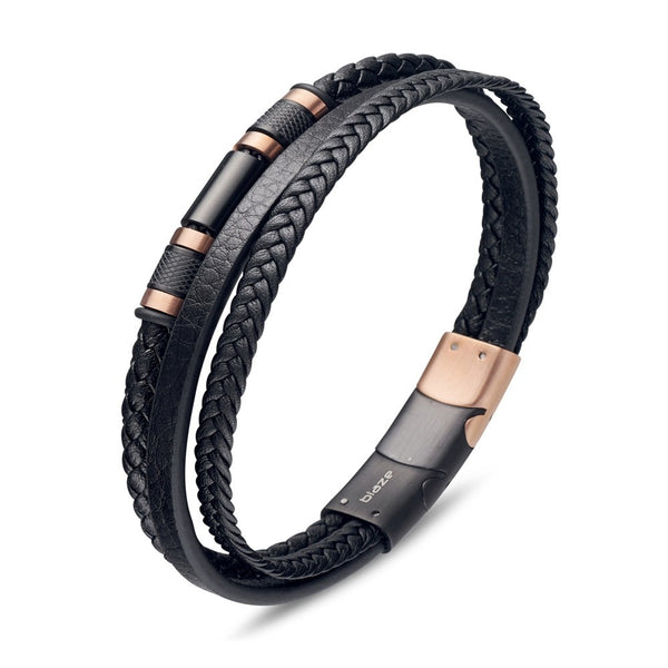 Stainless steel men's black leather multi strand bangle with bead and rose gold detail.