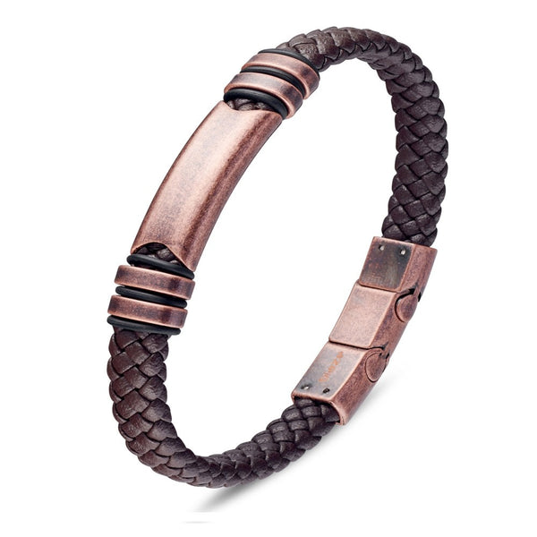 Stainless steel men's brown leather plaid bangle with vintage rose gold bar detail.