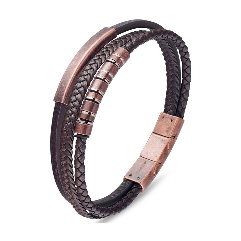 Stainless steel men's brown leather multi strand bangle with vintage rose gold and bead detail.