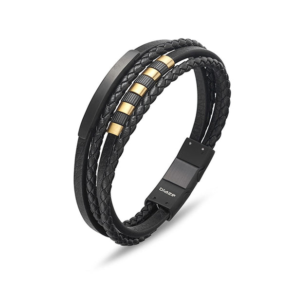 Stainless steel men's black leather multi strand bangle with bead and gold detail.