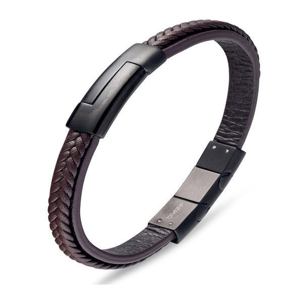 Stainless steel men's brown plaid leather bangle with black geometric bar feature.