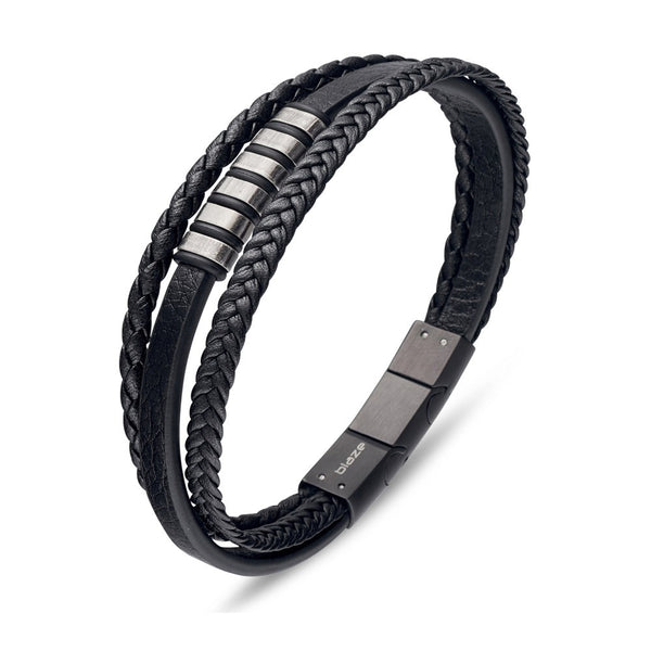 Stainless steel men's black multi strand leather bangle with vintage steel detail.