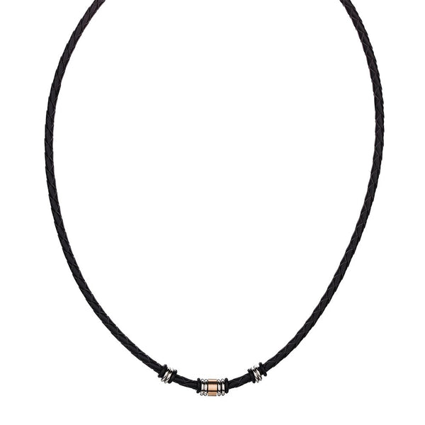 Stainless steel men's black leather necklace with bead detail