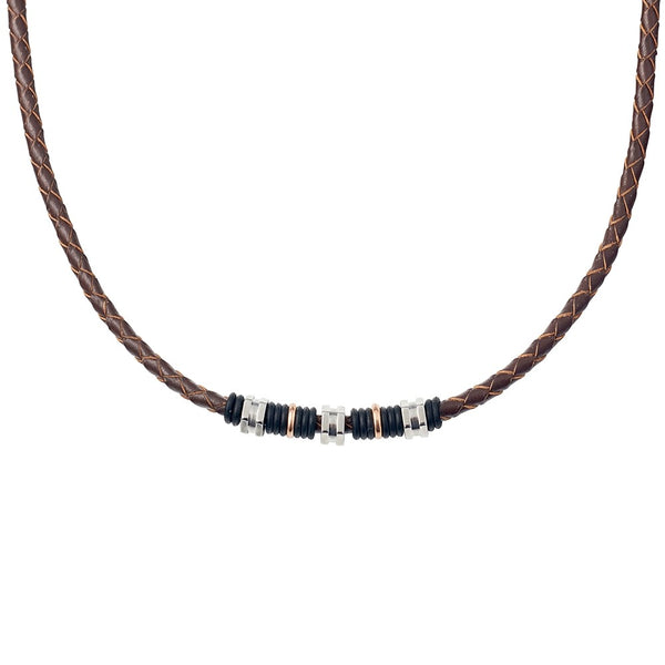 Stainless steel men's brown leather necklace with bead detail. 50+5CM